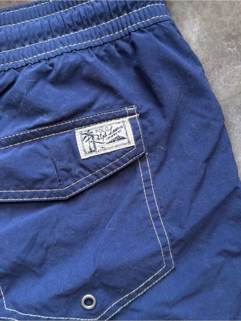 2000s Vintage Ralph Lauren Men's Navy Swim Shorts with Drawstring